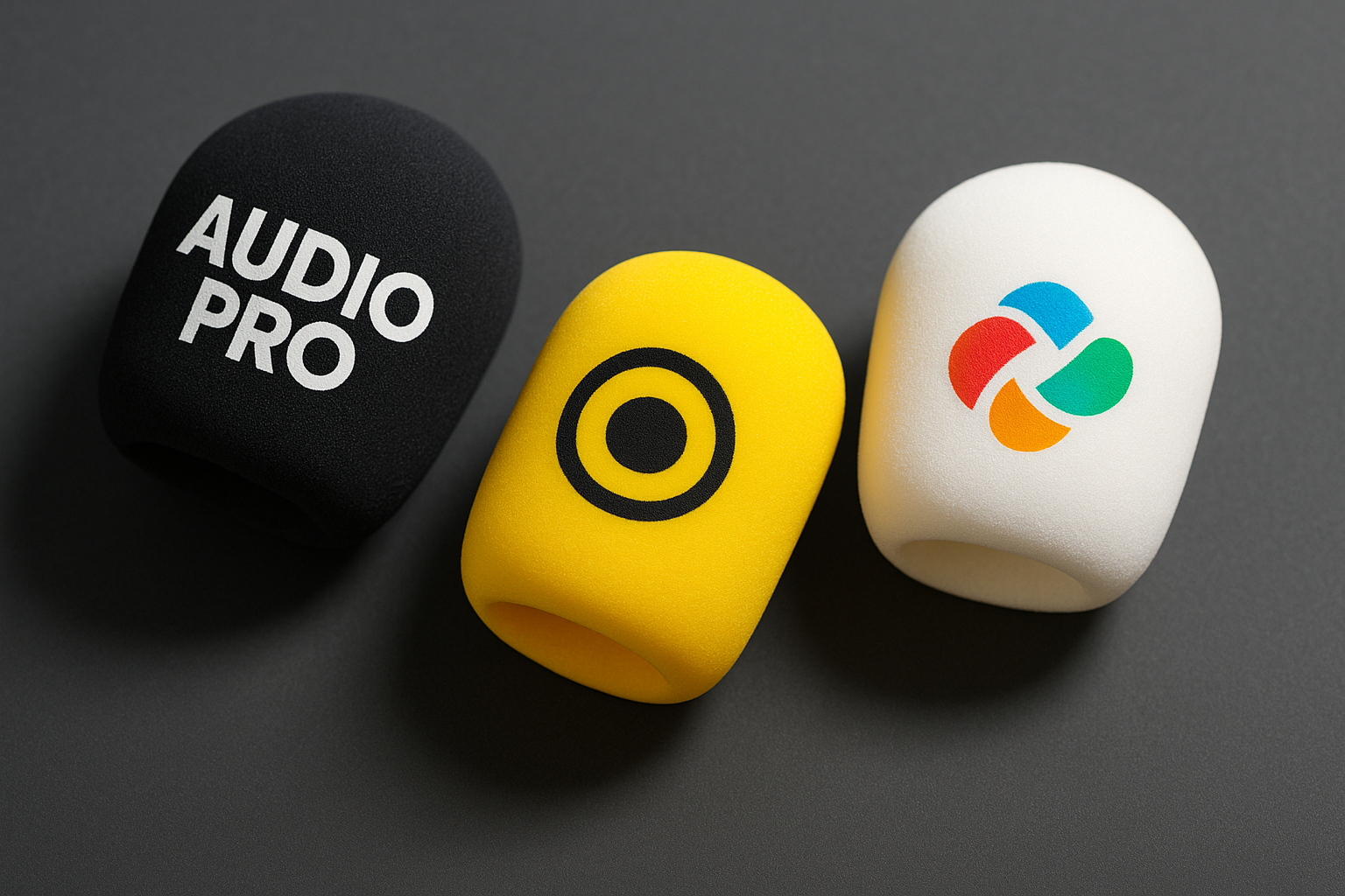 Overhead product photo of three foam microphone windscreens – one black with “AUDIO PRO” text logo, one yellow with a black circular icon, and one white with a multicolour abstract logo – arranged on a dark grey studio surface.