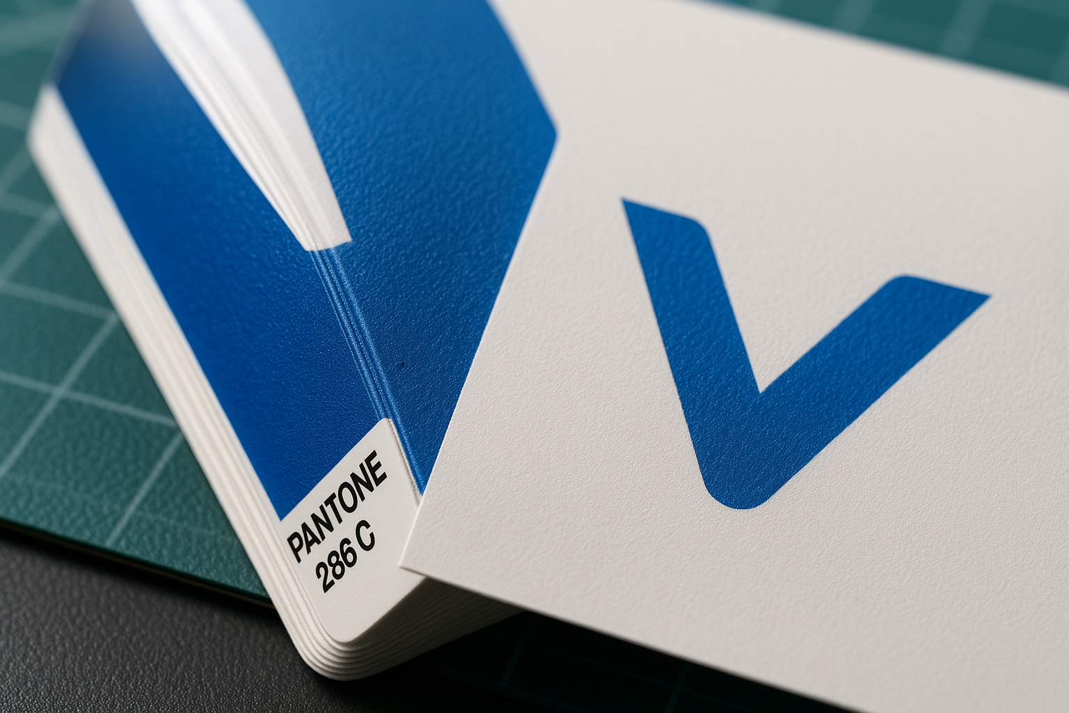 Close-up comparing Pantone swatch 286 C blue with the same colour printed as a logo on textured vinyl, demonstrating accurate colour matching.