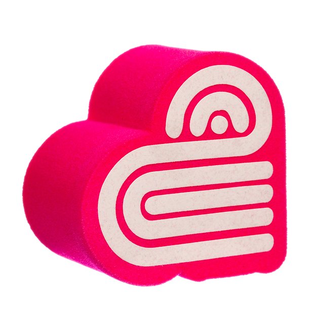 Bright pink foam microphone cover shaped like a heart with a modern white logo design.